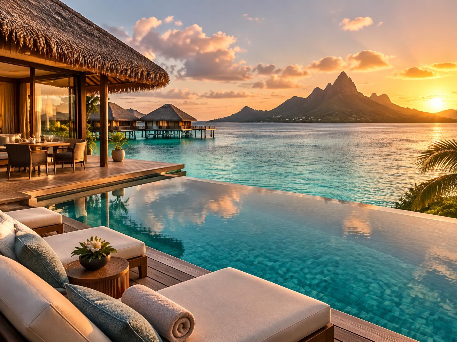 Luxury overwater resort terrace above a turquoise lagoon at sunset